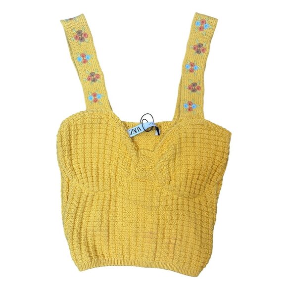 NWT ZARA Small Yellow Knit Crop Top W/ Floral Strap Dainty Detail Cotton - Picture 1 of 13